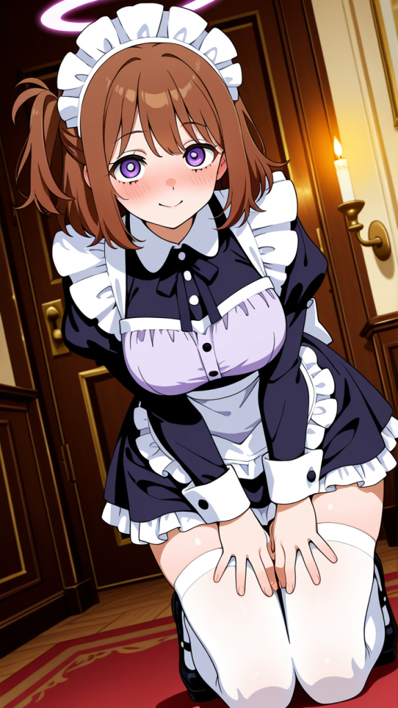 茶髪ハーフアップ巨乳スレンダー メイド服_アニメエロ画像 AI エロ画像