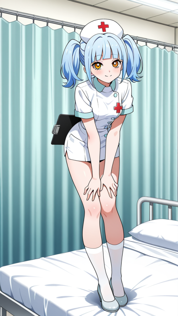 青髪ツインテール巨乳 ナース服_アニメエロ画像 AI エロ画像