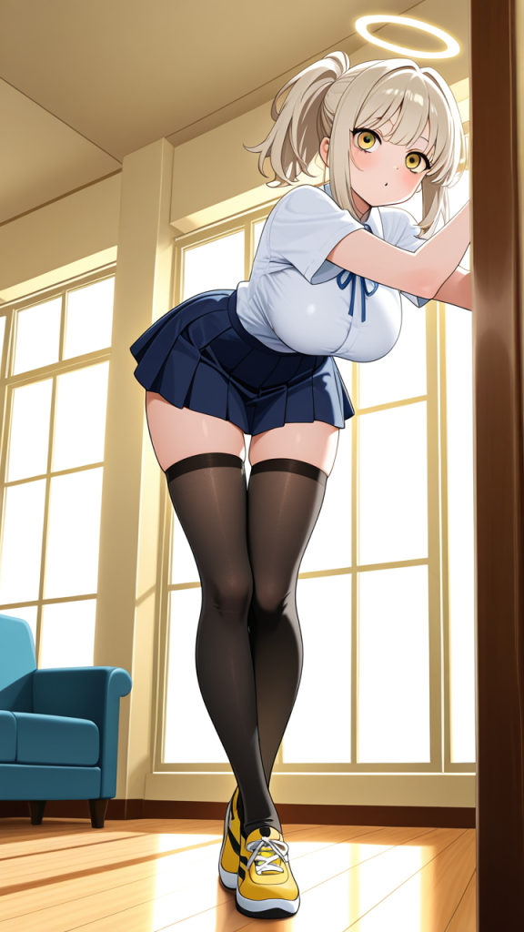 プラチナ金髪ポニーテール巨乳む ニーソ・絶対領域_アニメエロ画像 AI エロ画像