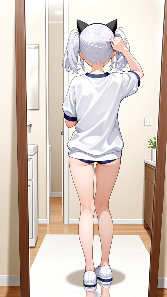 白髪ツインテール長身スレンダー 鏡越し_アニメエロ画像 AI エロ画像