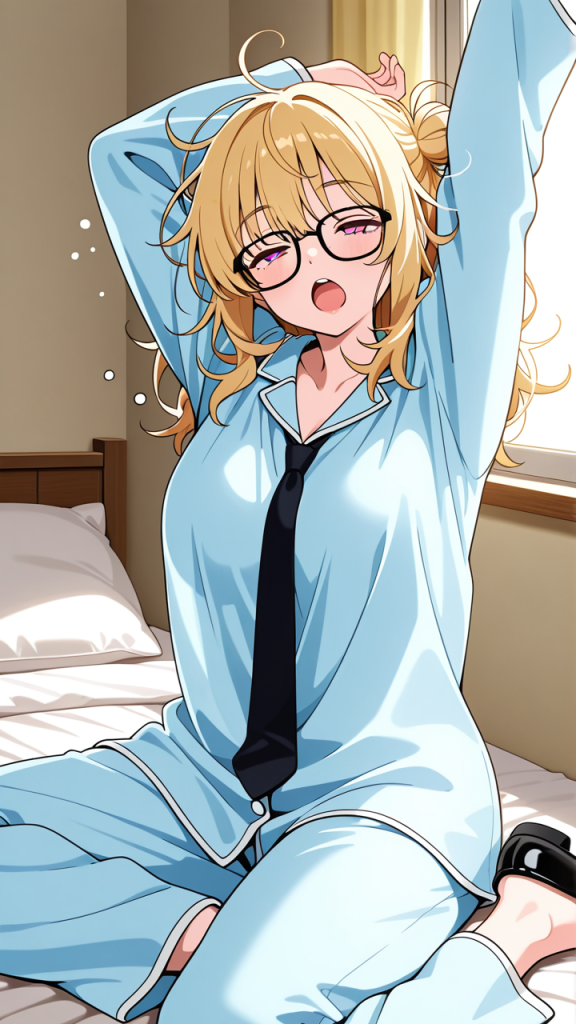 金髪お団子グラマラス 寝起き・パジャマ_アニメエロ画像 AI エロ画像
