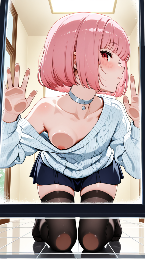 桜色ボブ貧乳小柄 ガラスおっぱい押し付け_アニメエロ画像 AI エロ画像