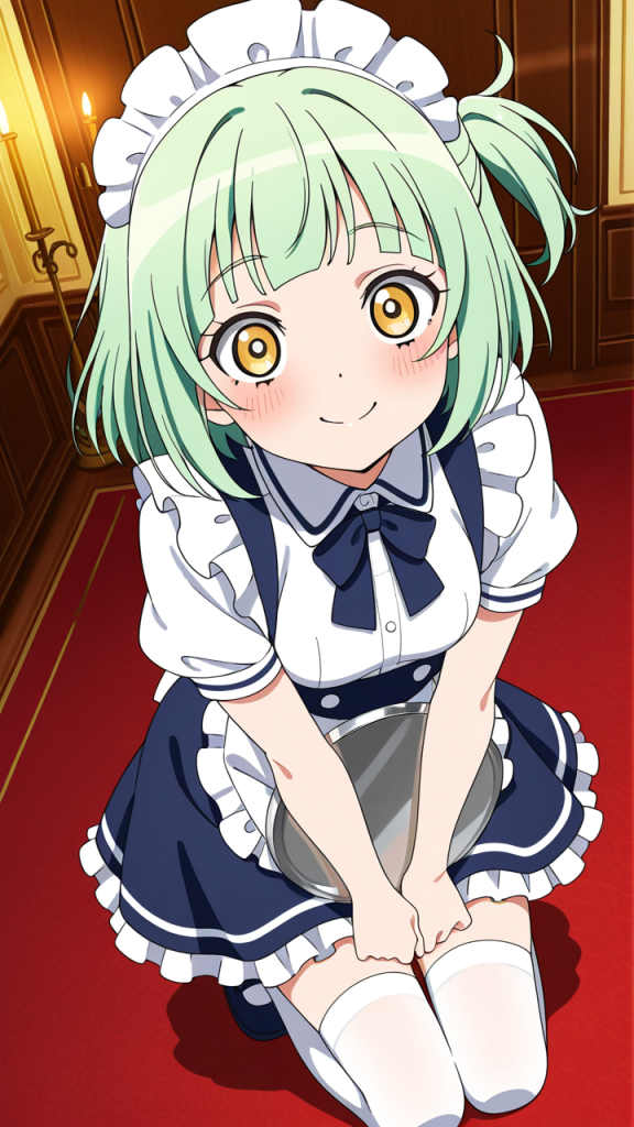 緑髪刈り上げショート貧乳小柄 メイド服_アニメエロ画像 AI エロ画像