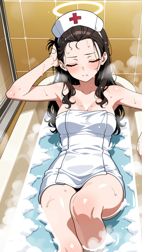 茶髪内巻きセミロング巨乳ナース お風呂・入浴_アニメエロ画像 AI エロ画像
