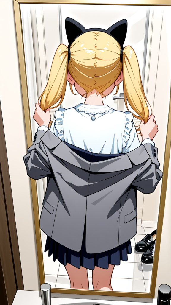 金髪ツインテール長身スレンダー 鏡越し_アニメエロ画像 AI エロ画像