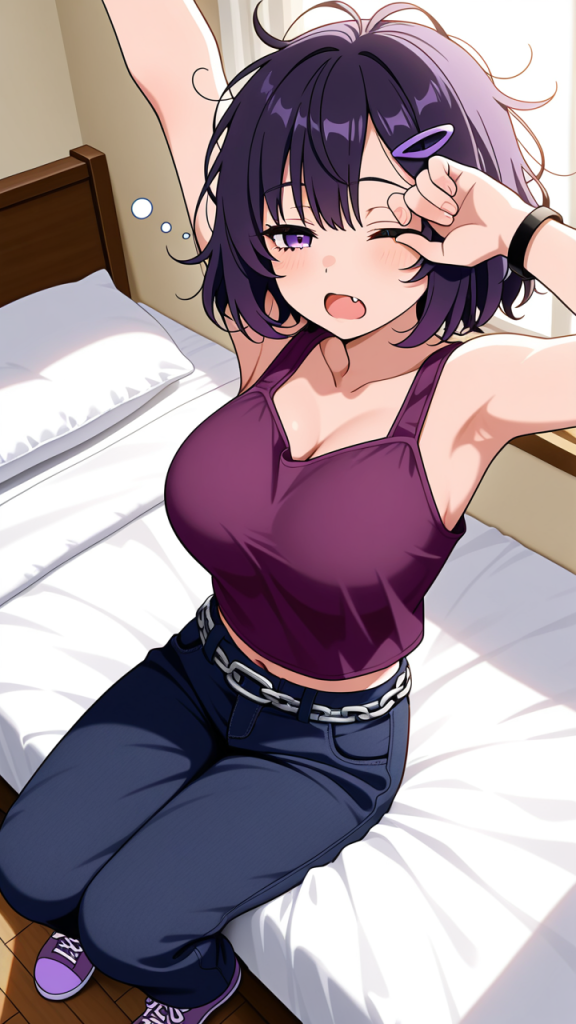 マゼンタ外ハネボブ巨乳スレンダ 寝起き・パジャマ_アニメエロ画像 AI エロ画像