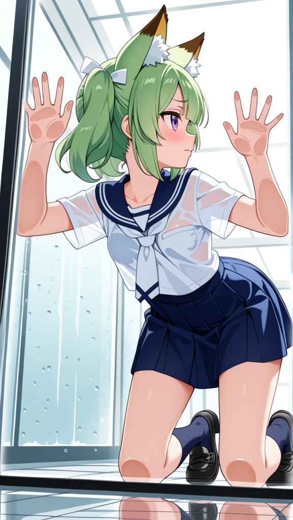 緑髪ロールツインテール貧乳小柄 ガラスおっぱい押し付け_アニメエロ画像 AI エロ画像