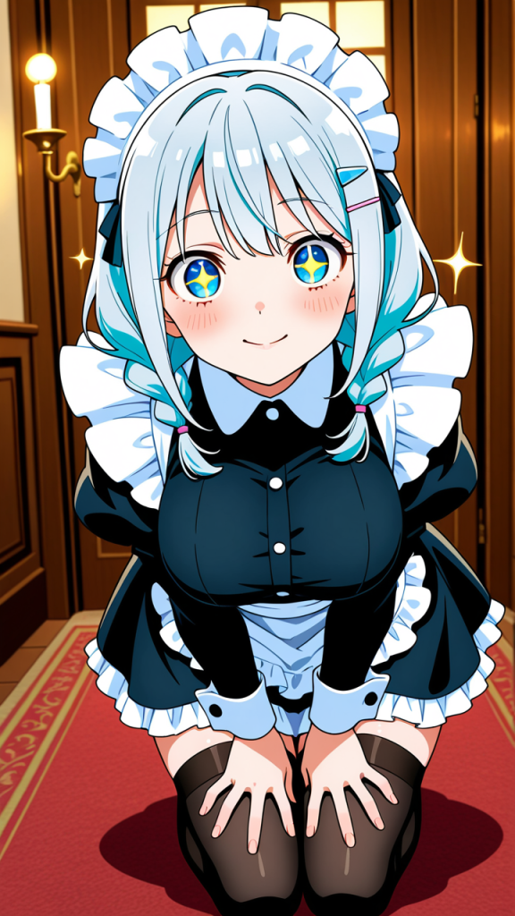 水色ツインおさげ巨乳 メイド服_アニメエロ画像 AI エロ画像