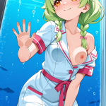 【エロ画像】ライム色ツインおさげロリ体型×ガラスおっぱい押し付け_AI_アニメエロ画像