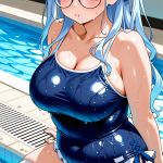 【エロ画像】青髪ウェーブロング眼鏡メイド×スクール水着_AI_アニメエロ画像
