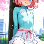 【エロ画像】桜色お団子ヘア長身貧乳×野外露出_AI_アニメエロ画像