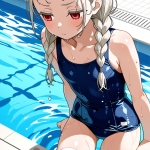 【エロ画像】プラチナ金髪ツインおさげ貧乳×スクール水着_AI_アニメエロ画像