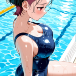 【エロ画像】マゼンタ刈り上げショート巨乳×スクール水着_AI_アニメエロ画像