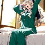 【エロ画像】プラチナブロンドウェーブロング×寝起き・パジャマ_AI_アニメエロ画像
