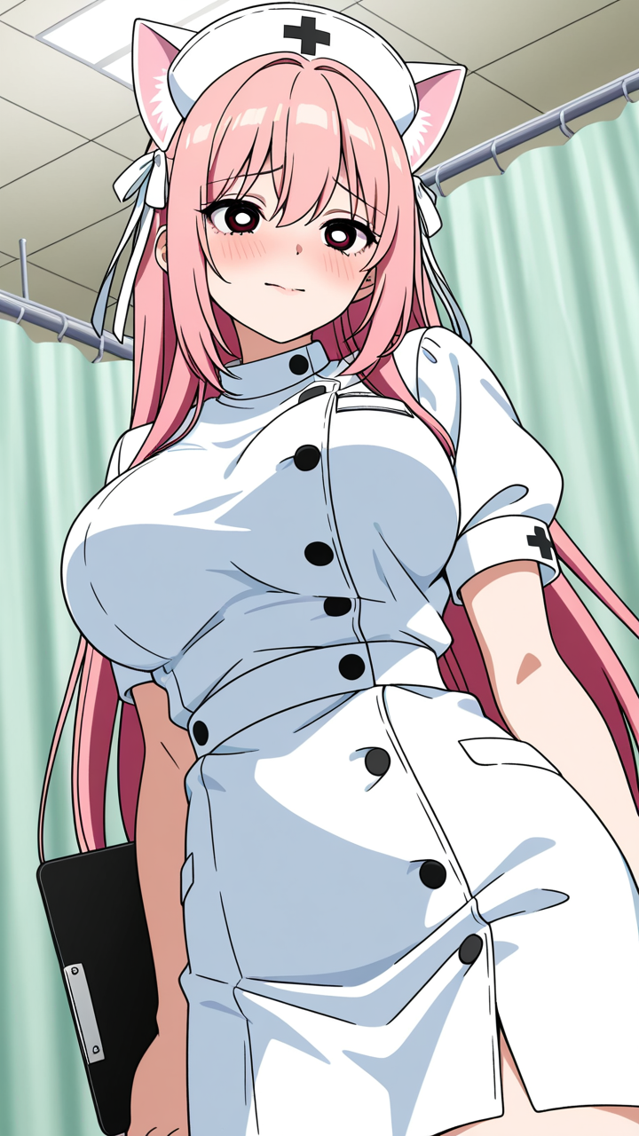 【エロ画像】ピンク髪ロング爆乳×ナース服_AI_アニメエロ画像