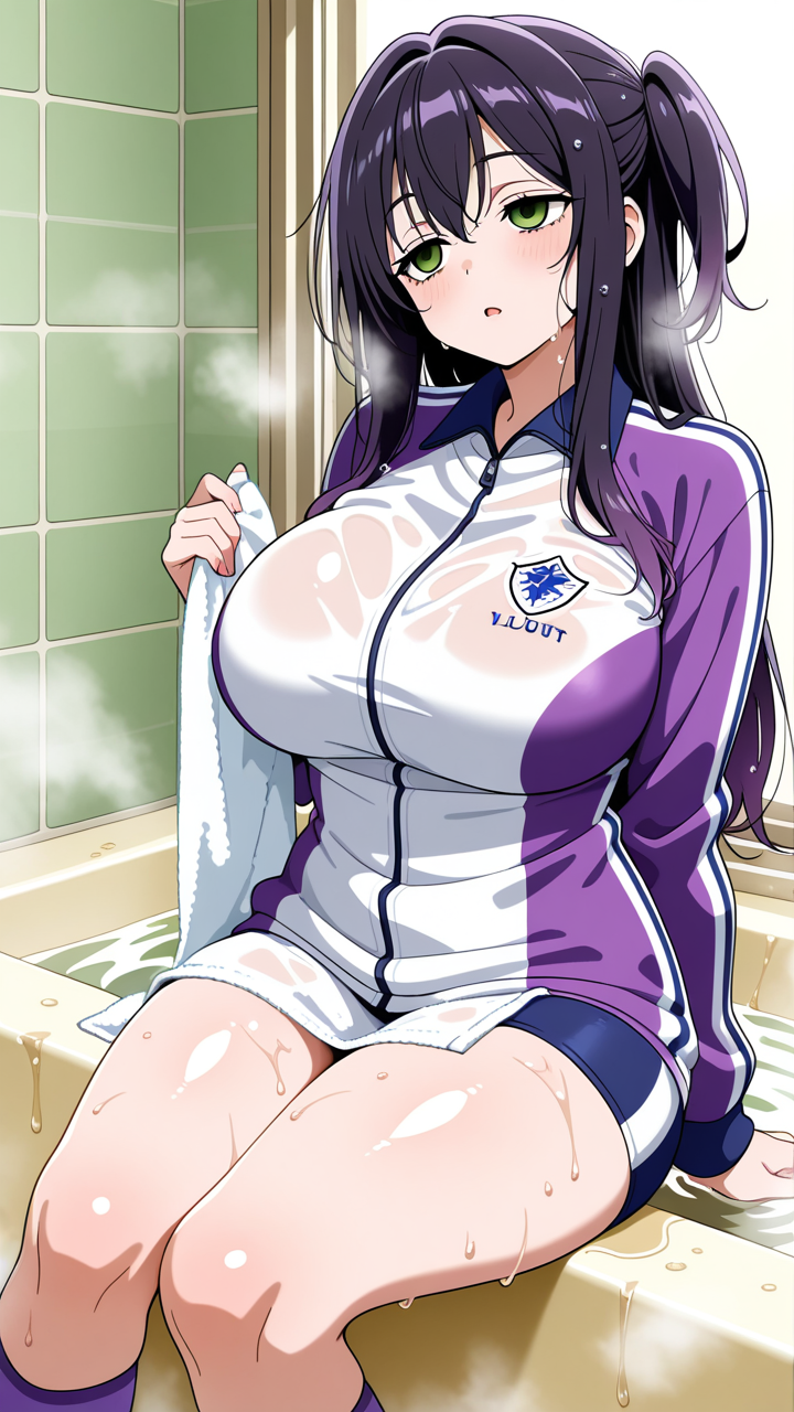 【エロ画像】黒青グラデーションセミロング巨×お風呂・入浴_AI_アニメエロ画像