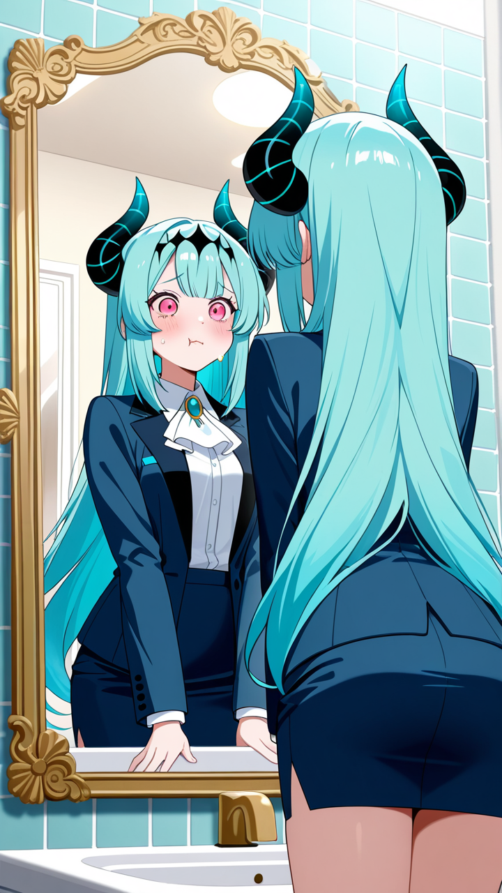 【エロ画像】水色セミロング巨乳OL×鏡越し_AI_アニメエロ画像