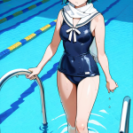 【エロ画像】緑髪ショート巨乳セーラー×スクール水着_AI_アニメエロ画像