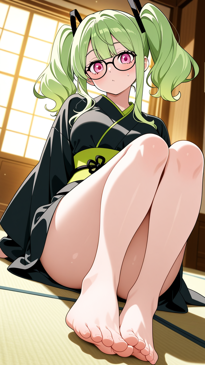 【エロ画像】ライム色ツインテール豊満×足コキ_AI_アニメエロ画像
