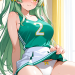 【エロ画像】緑髪セミロング巨乳×くぱぁ・大開脚_AI_アニメエロ画像