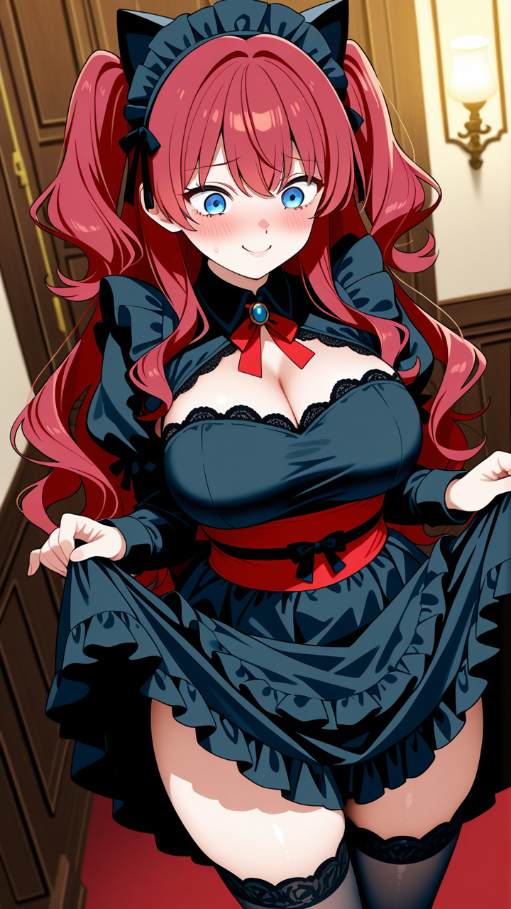【エロ画像】赤髪ウェーブロンググラマラス×メイド服_AI_アニメエロ画像