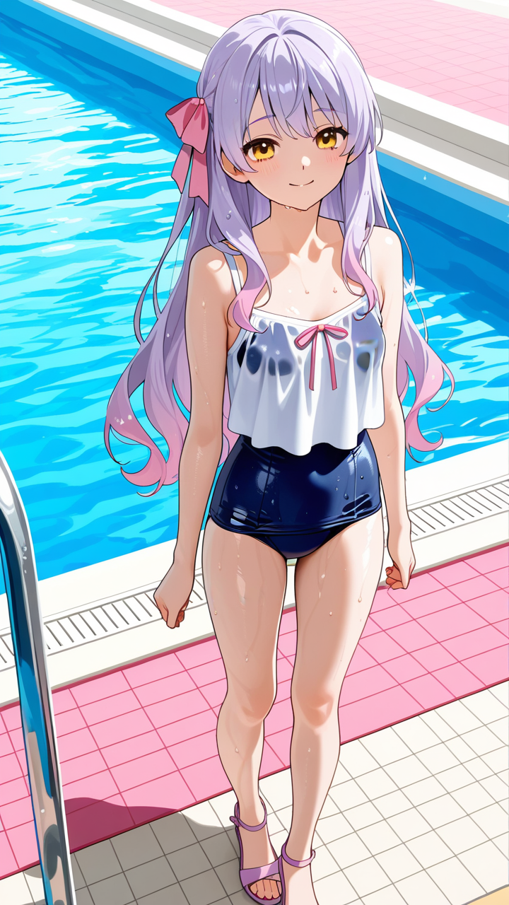 【エロ画像】ピンク髪ウェーブロング細身×スクール水着_AI_アニメエロ画像