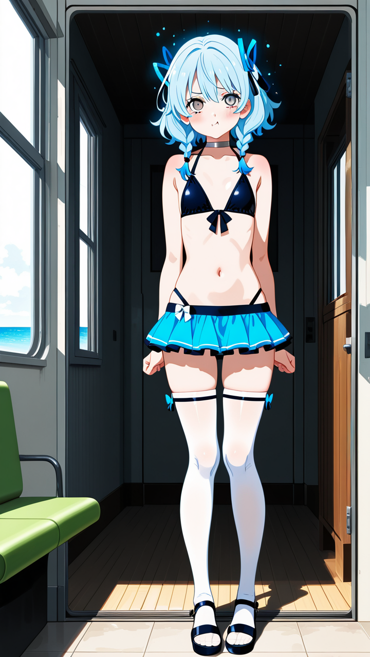 【エロ画像】水色ツインおさげ長身貧乳×ニーソ・絶対領域_AI_アニメエロ画像