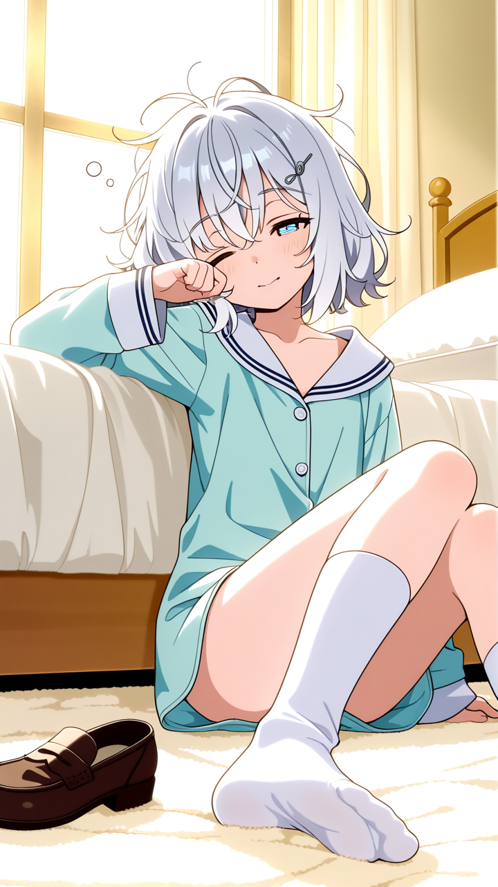 【エロ画像】白髪サイドテール貧乳×寝起き・パジャマ_AI_アニメエロ画像