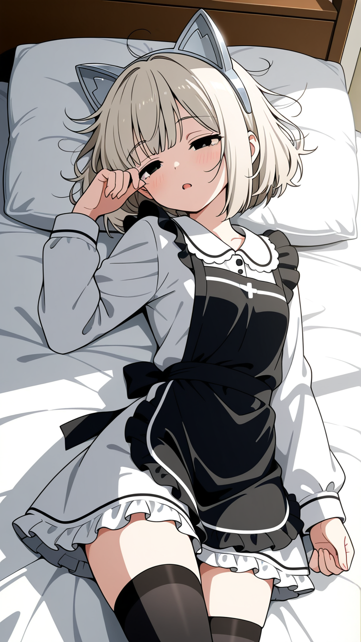【エロ画像】銀髪ボブむっちり猫耳メイド×寝起き・パジャマ_AI_アニメエロ画像