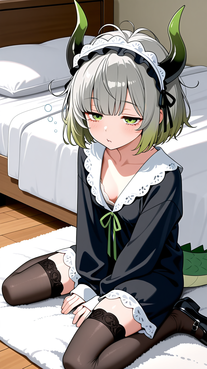 【エロ画像】グレーボブ貧乳ドラゴンメイド×寝起き・パジャマ_AI_アニメエロ画像