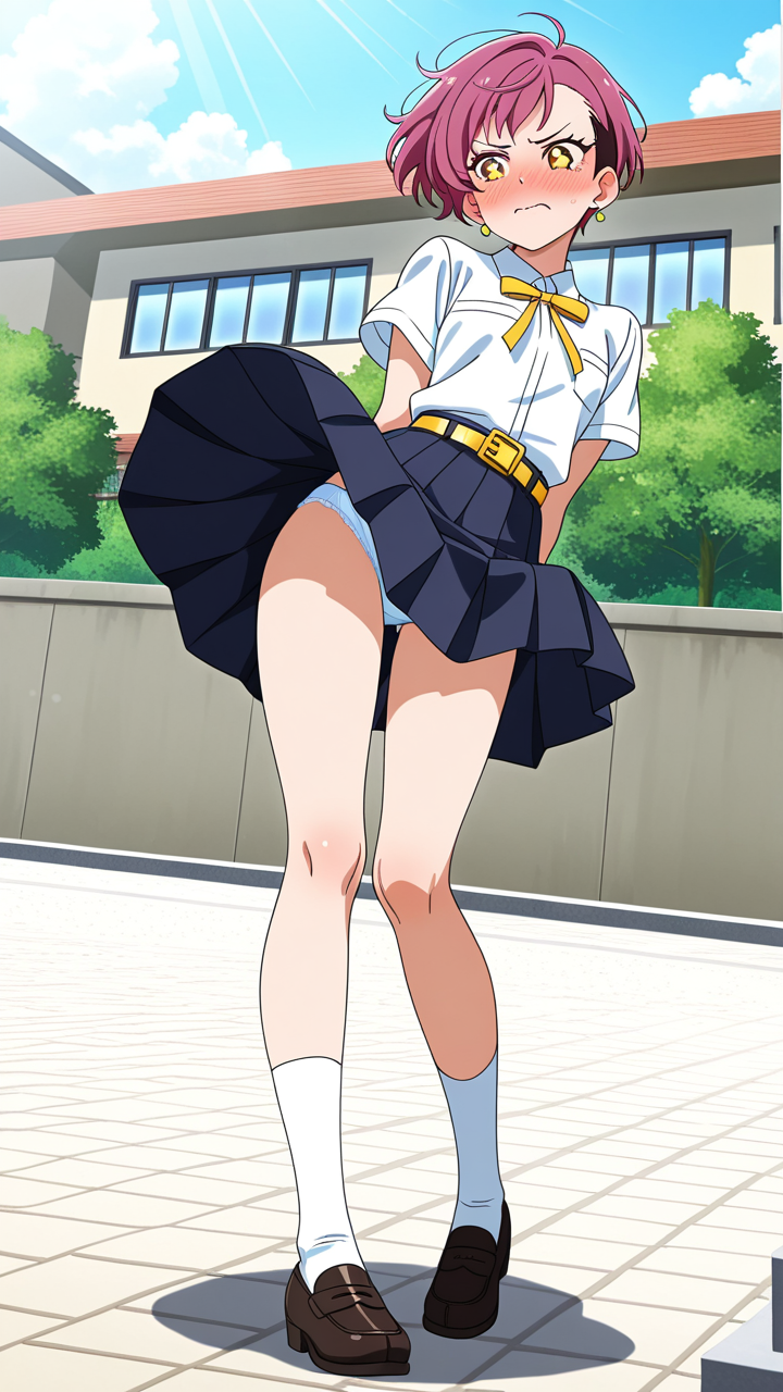 【エロ画像】マゼンタ髪刈り上げショート貧乳×野外露出_AI_アニメエロ画像