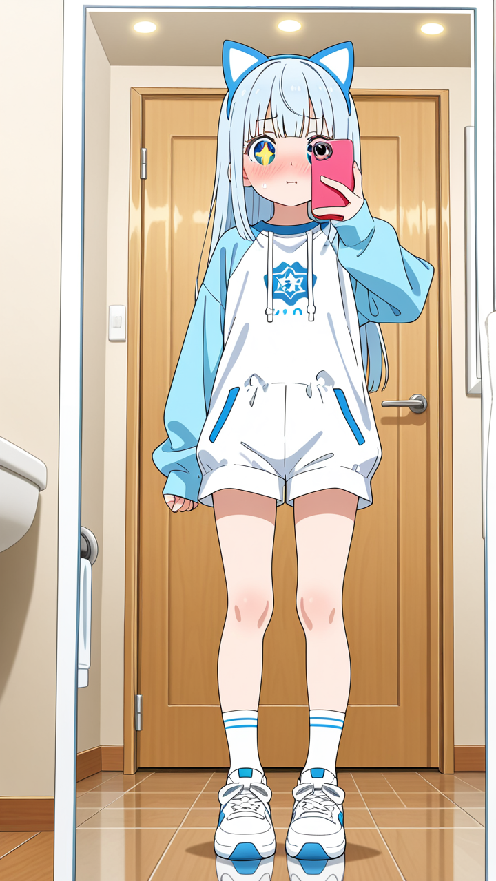 【エロ画像】水色ロングロリ体型×鏡越し_AI_アニメエロ画像