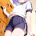 【エロ画像】紫髪くせ毛ショートスレンダー×体操服・ブルマ_AI_アニメエロ画像